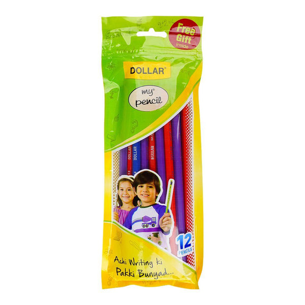Pack of Dollar brand pencils with colorful leads in a green and yellow package.