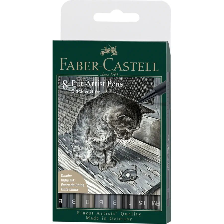 Faber Castell Pitt Artist Black & Grey India ink Pen Set of 8