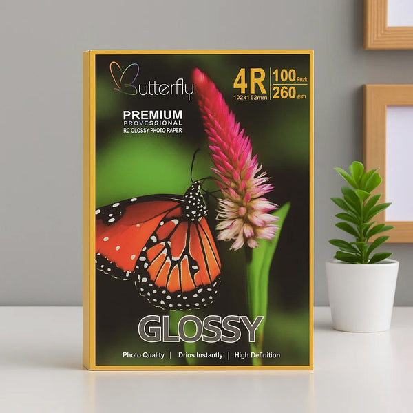 Butterfly brand photo paper packaging with a butterfly on a flower