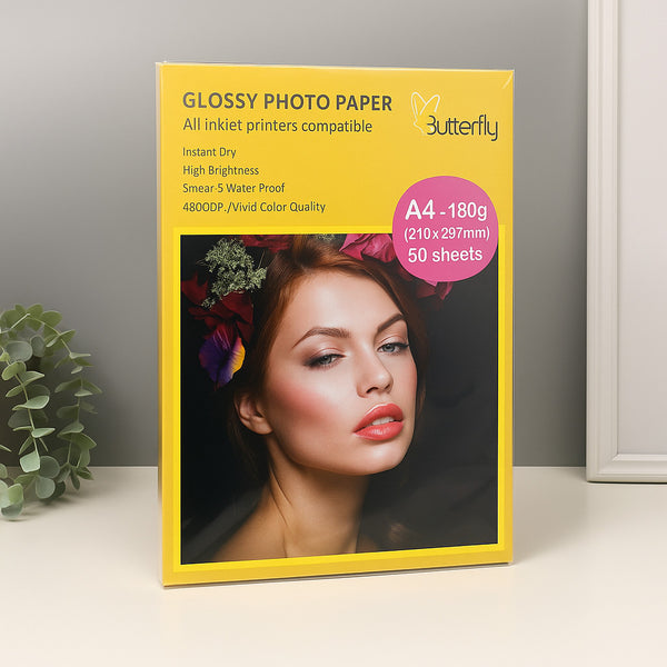 Glossy photo paper packaging with a woman's face on a yellow background