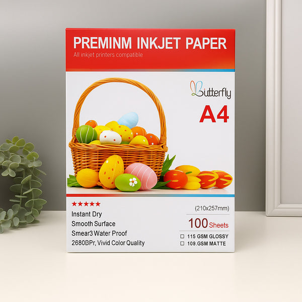 Butterfly A4 premium inkjet paper packaging with Easter-themed design on a white surface.