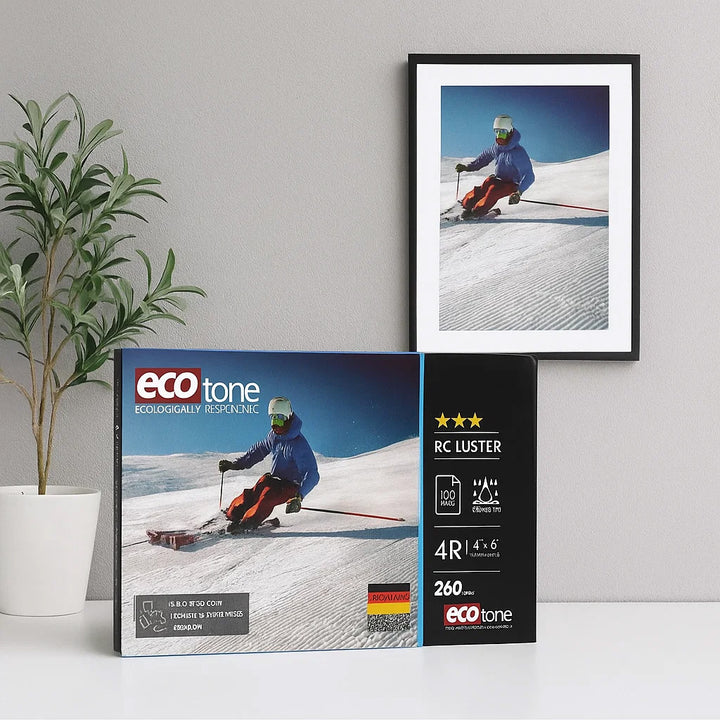 Framed photo of a skier on a snowy slope with eco-tone packaging and plant in the background.