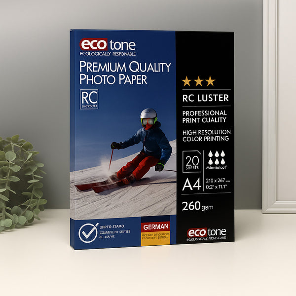 Box of eco-tone premium quality photo paper with a skier on the cover