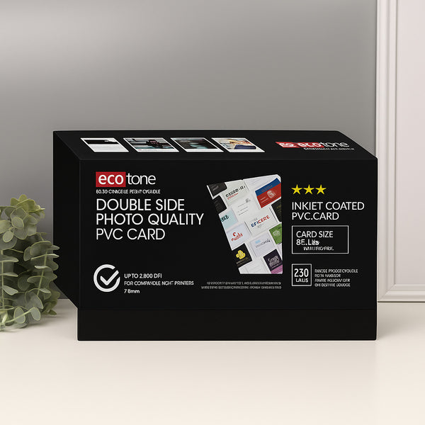 Box of eco-tone double side photo quality PVC card on a neutral background
