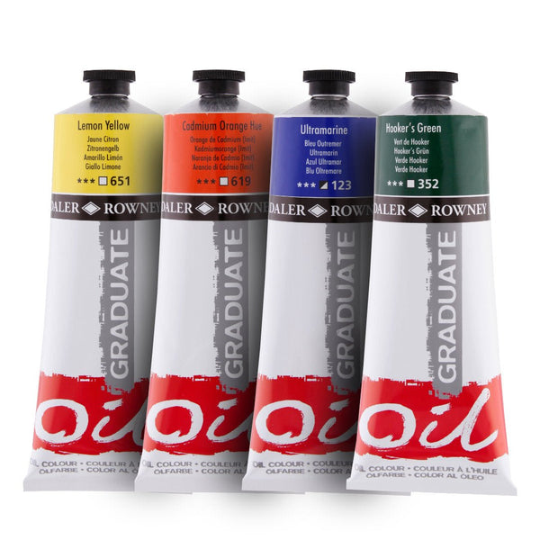 Four tubes of Daler Rowney Graduate oil paint on a white background