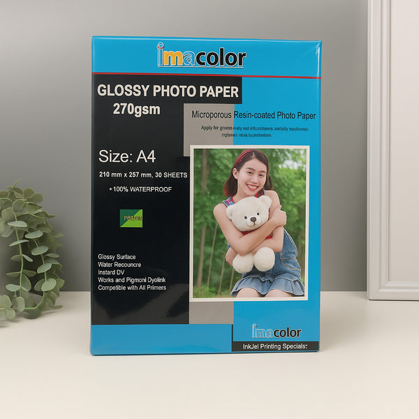 Box of imacolor glossy photo paper with a sample photo on a gray background