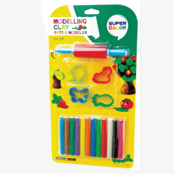 Jordan Chalk Modeling clay, 12 colours in Blister, 180 gram, four mould and one roller