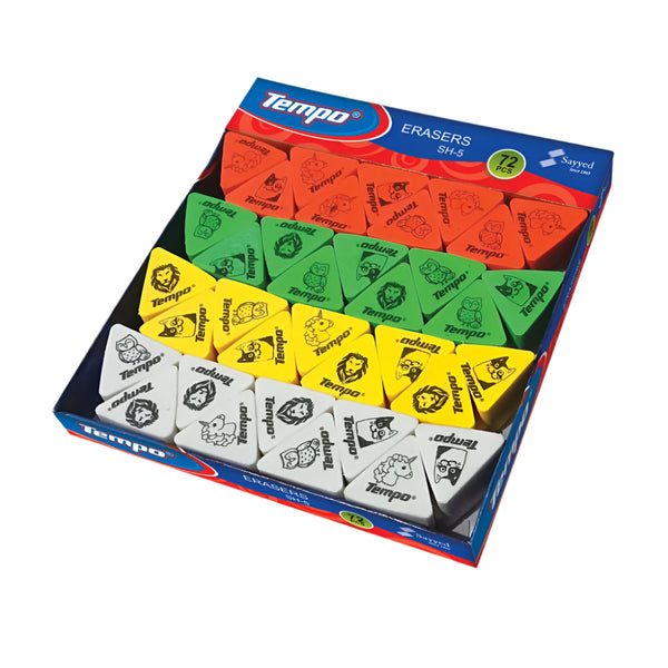 Box of Tempo erasers with colorful eraser pieces inside on a white background