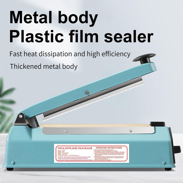 Metal body plastic film sealer with text on a light blue background