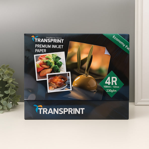 Transprint premium inkjet paper packaging on a neutral background