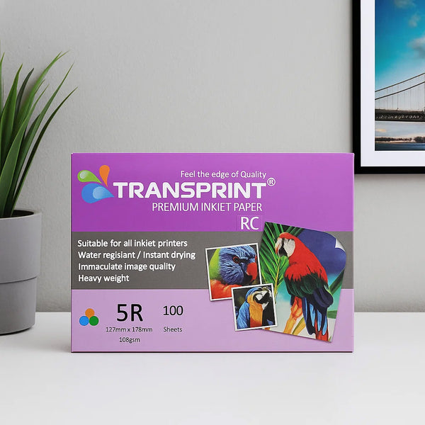 Transprint premium inkjet paper box on a table with a plant and framed picture in the background