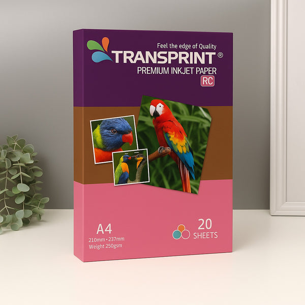 Transprint premium inkjet paper packaging with parrot images on a neutral background