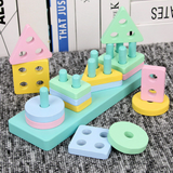 Wooden 4 Column Geometric Shapes Pastel Colors Blocks in Box