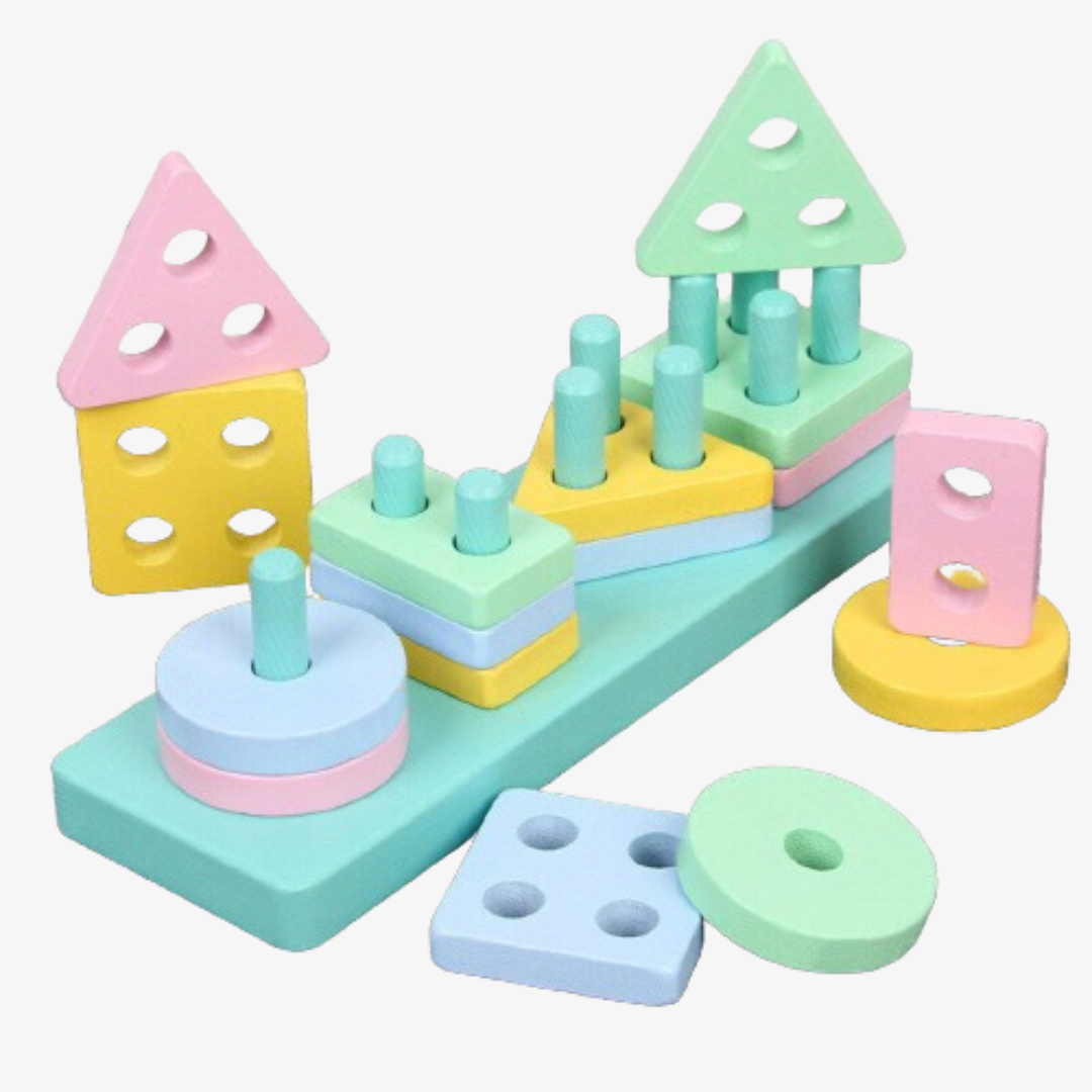 Wooden 4 Column Geometric Shapes Pastel Colors Blocks in Box