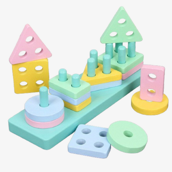 Wooden 4 Column Geometric Shapes Pastel Colors Blocks in Box