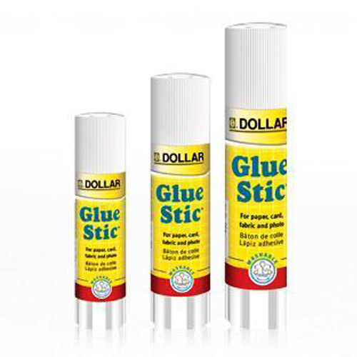 Three glue sticks with yellow labels on a white background