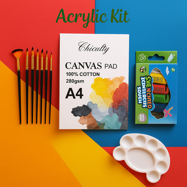 Acrylic painting kit with brushes, canvas pad, sponges, and palette on a colorful background