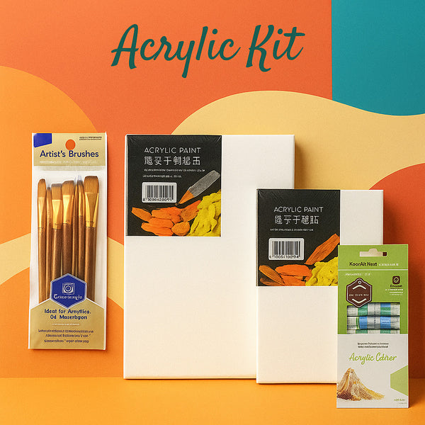 Acrylic painting kit with brushes, paint, and other supplies on a colorful background