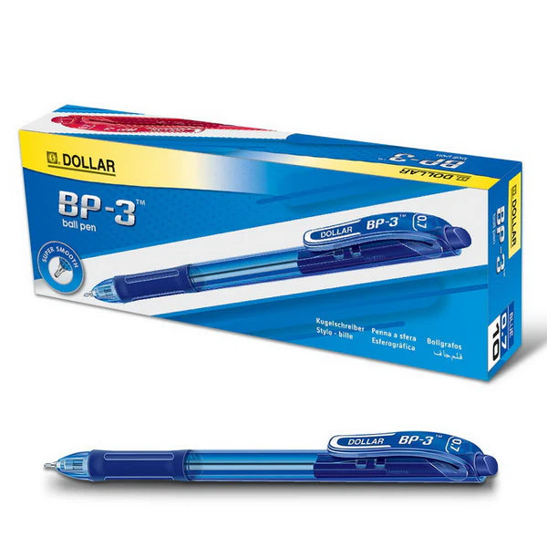 Blue ballpoint pen with Dollar brand packaging on a white background