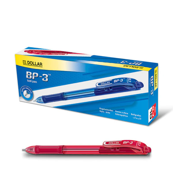 Box of Dollar BP-3 ball pens with a red pen on a white background