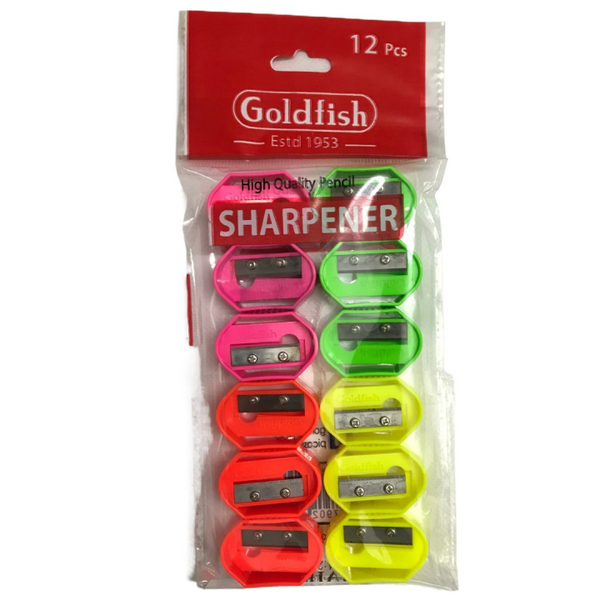 Pack of colorful pencil sharpeners with Goldfish branding on a white background