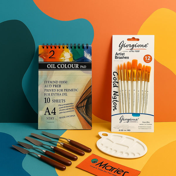 Art supplies including an oil color pad, brushes, and palette on a colorful background