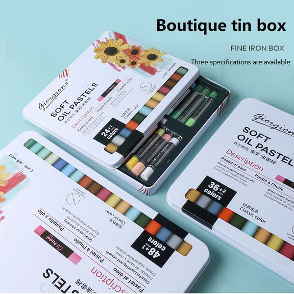 Boutique tin box with soft oil pastels on a light blue background