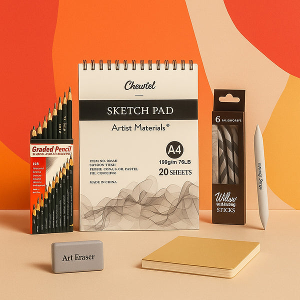 Art supplies including a sketch pad, pencils, eraser, and sticks on a colorful background