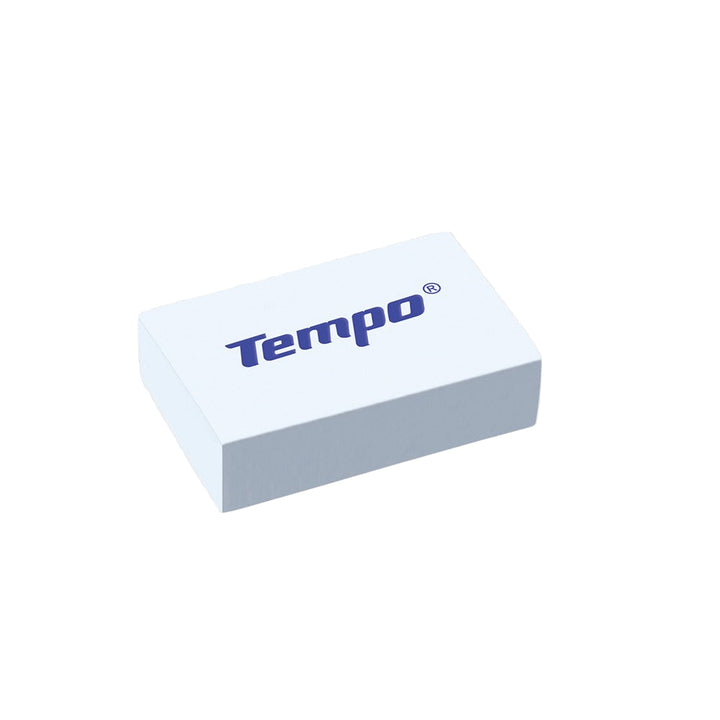 White eraser with 'Tempo' branding on a beige background