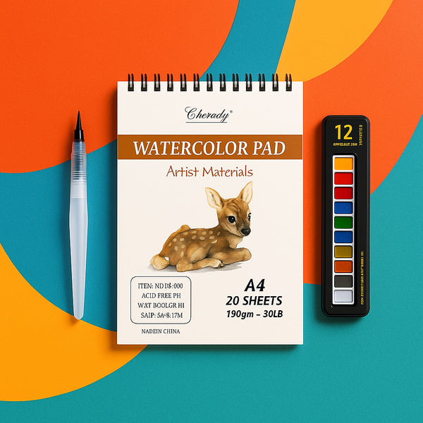 Watercolor pad with a deer illustration, pen, and color chart on a colorful background