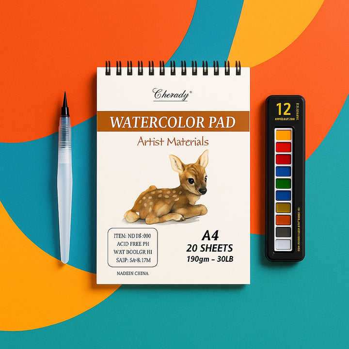 Watercolor pad with a deer illustration, pen, and color chart on a colorful background