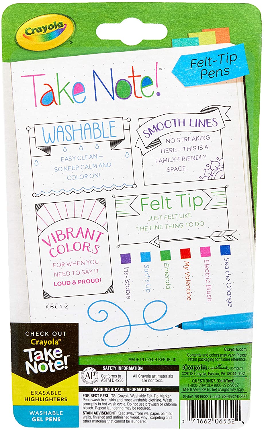 Crayola Take Note Washable Felt Tip Pens Pack Of 6 Piece