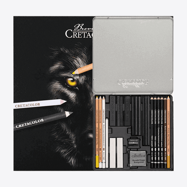 Cretacolor Black & White Charcoal Wolf Drawing Set 25 Pcs