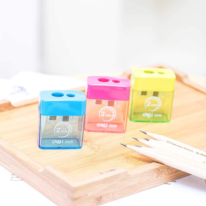 Deli 2 Hole Sharpener With Container E0526 - thestationerycompany.pk