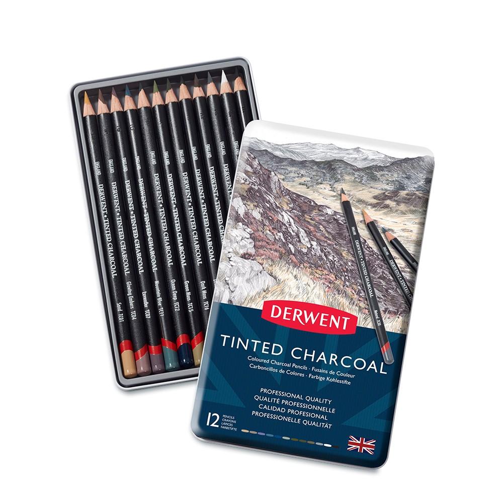 Derwent Tinted Charcoal Pencil Tin Pack Of 12 - thestationerycompany.pk
