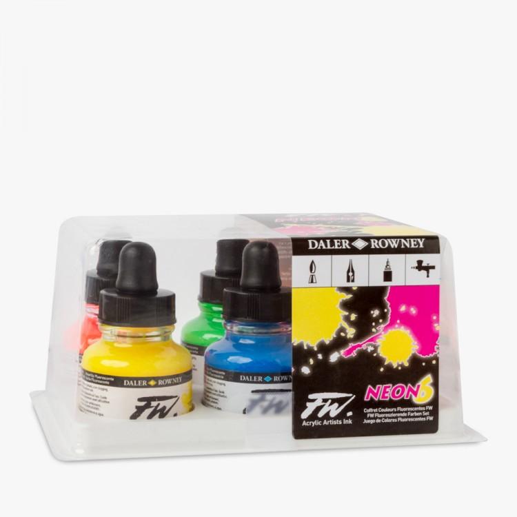 Daler Rowney Artists FW Acrylic Ink Neon Colour Set 6 x 29.5ml with Marker